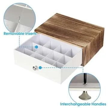 JACKCUBE DESIGN Rustic Wood Tea Storage Box Tea Bag Organizer Stand Holder Drawer / 12 Adjustable Compartments and White Faux Leather Drawer/Acrylic Divider - :MK447C