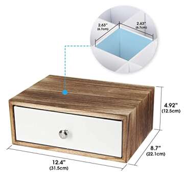 JACKCUBE DESIGN Rustic Wood Tea Storage Box Tea Bag Organizer Stand Holder Drawer / 12 Adjustable Compartments and White Faux Leather Drawer/Acrylic Divider - :MK447C