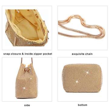 Vgift Evening Purse Women, Rhinestone Bucket Bag Crystal Purse for Wedding Party, Gold