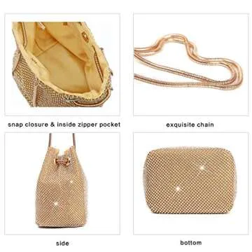 Vgift Evening Purse Women, Rhinestone Bucket Bag Crystal Purse for Wedding Party, Gold