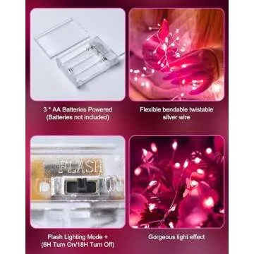 Fairy Lights Battery Operated, Twinkle String Lights Waterproof Silver Wire 5 Ft 60 LED Firecracker Valentine's Lights for DIY Wreath Wedding Bedroom Mason Jar Holiday Christmas Valentine's Day, Pink