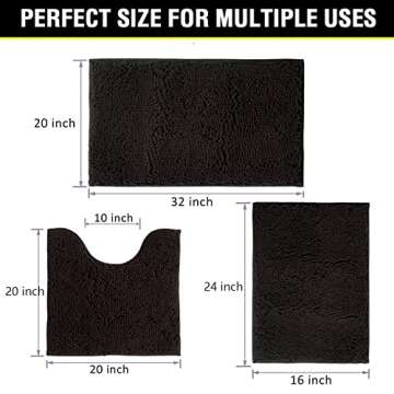 Bathroom Rugs Chenille 3-Piece Extra Soft and Absorbent Shag Bathroom Rugs, Machine Wash Mat, Strong...