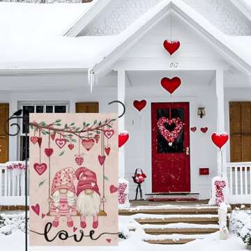 ZAEW Valentines Day Romantic Swing Gnome Love Hearts Garden Flag Yard Flag 12x18 Inch Double Sided Small Mini Yard Outdoor Outside Holiday Decoration