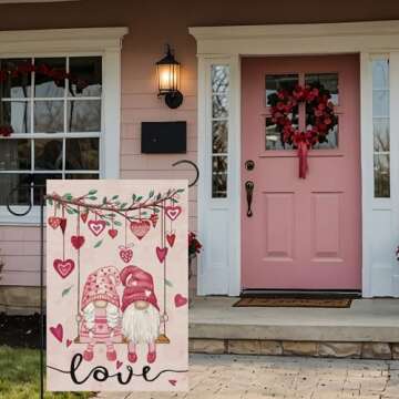 ZAEW Valentines Day Romantic Swing Gnome Love Hearts Garden Flag Yard Flag 12x18 Inch Double Sided Small Mini Yard Outdoor Outside Holiday Decoration