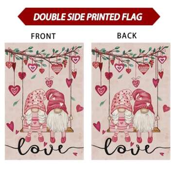 ZAEW Valentines Day Romantic Swing Gnome Love Hearts Garden Flag Yard Flag 12x18 Inch Double Sided Small Mini Yard Outdoor Outside Holiday Decoration