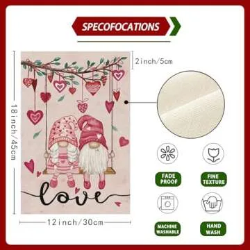 ZAEW Valentines Day Romantic Swing Gnome Love Hearts Garden Flag Yard Flag 12x18 Inch Double Sided Small Mini Yard Outdoor Outside Holiday Decoration