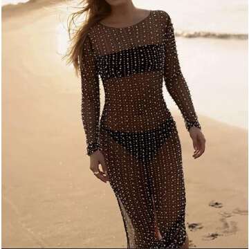 Willow Dance Women's Sheer Mesh Pearl Rhinestone Cover Up Beach Dress Swimwear Bikini Swimsuit Bathing Suit Coverups Black XL