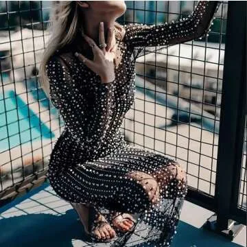 Willow Dance Women's Sheer Mesh Pearl Rhinestone Cover Up Beach Dress Swimwear Bikini Swimsuit Bathing Suit Coverups Black XL