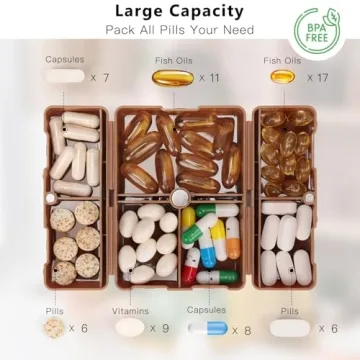 FYY Daily Pill Organizer, 7 Compartments Portable Travel Pill Case, [Folding Design] for Purse Pocket to Hold Vitamins,Cod Liver Oil,Supplements and Medication-Brown
