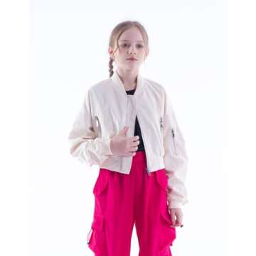 WELAKEN Lightweight Multiple Pockets Zip Up Bomber Jacket for Girls Toddler & Kids II Little Girl's Casual Flight Crop Jacket,15Y