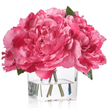 Artificial Peonies Flowers Arrangements in Cube Glass Vase, WELLKNOWN Silk Flower Centerpieces for D...