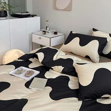 LAYENJOY Ripple Duvet Cover Set Queen, 100% Cotton Bedding, Cream White Black Geometric Pattern Prin...