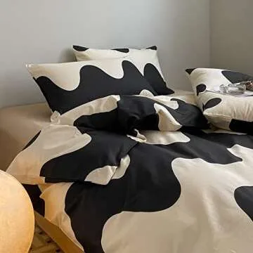 LAYENJOY Ripple Duvet Cover Set Queen, 100% Cotton Bedding, Cream White Black Geometric Pattern Printed, 1 Abstract Comforter Cover Full and 2 Pillowcases for Kids Teens Boys Girls