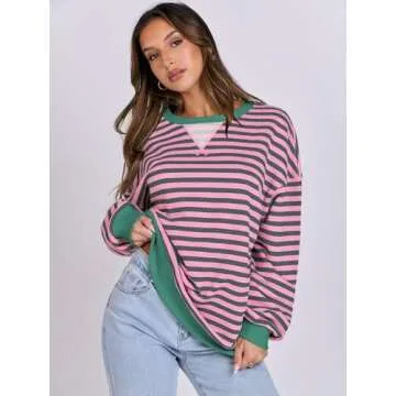 ANRABESS Women Striped Oversized Sweatshirt Long Sleeve Crewneck Shirts 2025 Fall Fashion Pullover Sweater Trendy Clothes Grey Pink Small