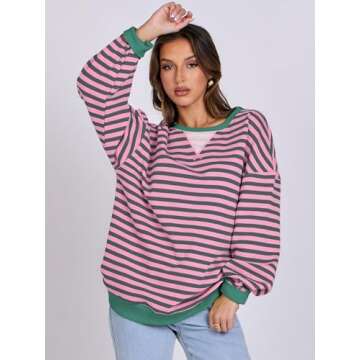 ANRABESS Women Striped Oversized Sweatshirt Long Sleeve Crewneck Shirts 2025 Fall Fashion Pullover Sweater Trendy Clothes Grey Pink Small