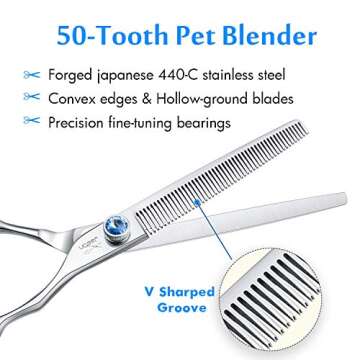 JASON 7" 50 Teeth Thinning Dog Grooming Blending Scissor, Ergonomic Pet Grooming Thinner Blender Shears Cat Trimming Texturizing Kit with Offset Handle and a Jewelled Screw, 30% Thinning Rate