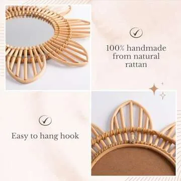 NEERGREVE Mounted Mirror, 8 Petals Flower Wicker Rattan Decorative Mirrors for Living Room Bedroom Office (Small - D15.74 Inches)