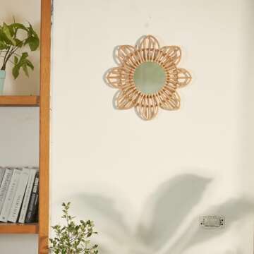 NEERGREVE Mounted Mirror, 8 Petals Flower Wicker Rattan Decorative Mirrors for Living Room Bedroom Office (Small - D15.74 Inches)