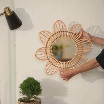 NEERGREVE Mounted Mirror, 8 Petals Flower Wicker Rattan Decorative Mirrors for Living Room Bedroom Office (Small - D15.74 Inches)