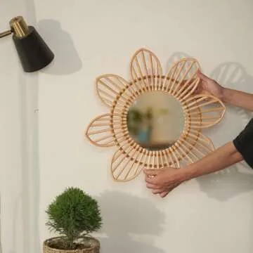 NEERGREVE Mounted Mirror, 8 Petals Flower Wicker Rattan Decorative Mirrors for Living Room Bedroom Office (Small - D15.74 Inches)