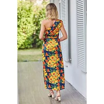 PRETTYGARDEN Women's 2024 Summer One Shoulder Satin Dress Cutout High Split Cocktail Wedding Guest Maxi Dresses (Floral Navy Orange,XX-Large)