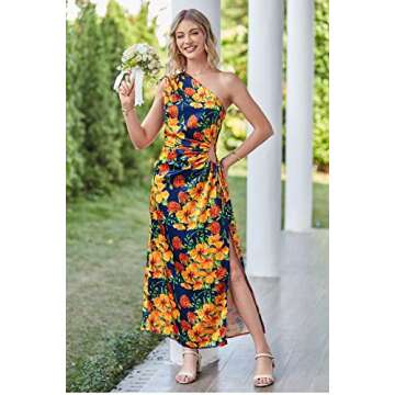 PRETTYGARDEN Women's 2024 Summer One Shoulder Satin Dress Cutout High Split Cocktail Wedding Guest Maxi Dresses (Floral Navy Orange,XX-Large)