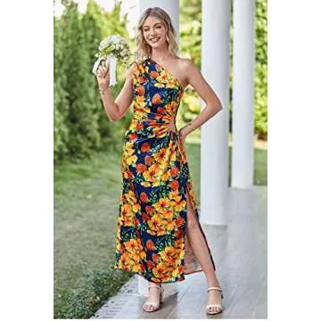 PRETTYGARDEN Women's 2024 Summer One Shoulder Satin Dress Cutout High Split Cocktail Wedding Guest Maxi Dresses (Floral Navy Orange,XX-Large)