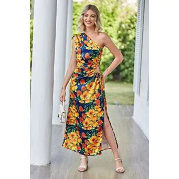 PRETTYGARDEN Women's 2024 Summer One Shoulder Satin Dress Cutout High Split Cocktail Wedding Guest Maxi Dresses (Floral Navy Orange,XX-Large)