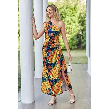 PRETTYGARDEN Women's 2024 Summer One Shoulder Satin Dress Cutout High Split Cocktail Wedding Guest Maxi Dresses (Floral Navy Orange,XX-Large)