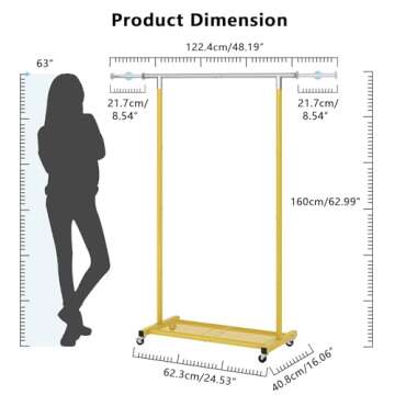 JIUYOTREE Adjustable Rolling Clothes Rack with Dense Mesh Shelf
