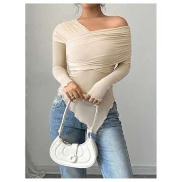 SweatyRocks Women's Asymmetrical Neck Long Sleeve T Shirt Lettuce Trim Slim Fitted Mesh Tops