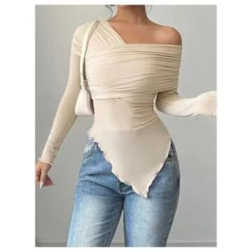 SweatyRocks Women's Asymmetrical Neck Long Sleeve T Shirt Lettuce Trim Slim Fitted Mesh Tops