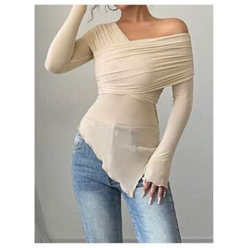 SweatyRocks Women's Asymmetrical Neck Long Sleeve T Shirt Lettuce Trim Slim Fitted Mesh Tops