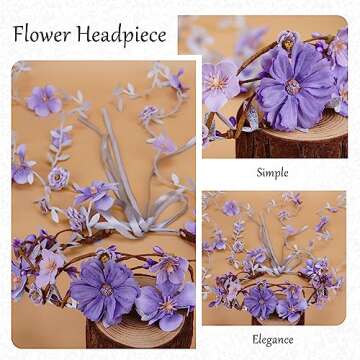 PartyforU Purple Flower Hippie Headpiece Forest Vines Crown Boho Floral Headband for Women Girls Fairy Bohemian Cosplay Wedding Bridal Shower Renaissance Fair Proms Bachelor Party