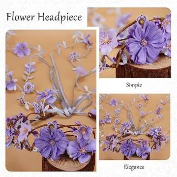 PartyforU Purple Flower Hippie Headpiece Forest Vines Crown Boho Floral Headband for Women Girls Fairy Bohemian Cosplay Wedding Bridal Shower Renaissance Fair Proms Bachelor Party