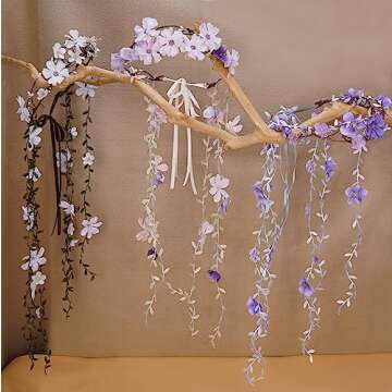 PartyforU Purple Flower Hippie Headpiece Forest Vines Crown Boho Floral Headband for Women Girls Fairy Bohemian Cosplay Wedding Bridal Shower Renaissance Fair Proms Bachelor Party