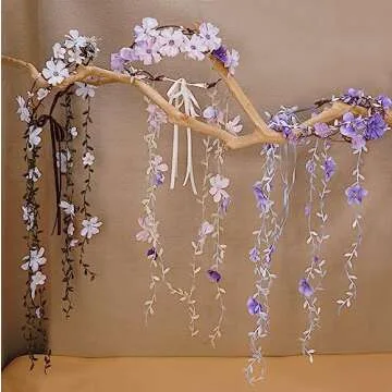 PartyforU Purple Flower Hippie Headpiece Forest Vines Crown Boho Floral Headband for Women Girls Fairy Bohemian Cosplay Wedding Bridal Shower Renaissance Fair Proms Bachelor Party