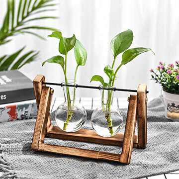 VanEnjoy Modern Hydroponics Glass Planters Bulb Vase,Retro Solid Wooden and Stand Metal Swivel Holder Desktop Office Home Wedding