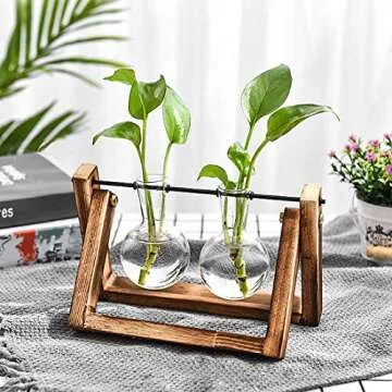 VanEnjoy Modern Hydroponics Glass Planters Bulb Vase,Retro Solid Wooden and Stand Metal Swivel Holder Desktop Office Home Wedding