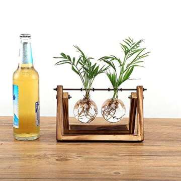 VanEnjoy Modern Hydroponics Glass Planters Bulb Vase,Retro Solid Wooden and Stand Metal Swivel Holder Desktop Office Home Wedding