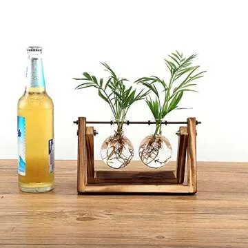 VanEnjoy Modern Hydroponics Glass Planters Bulb Vase,Retro Solid Wooden and Stand Metal Swivel Holder Desktop Office Home Wedding