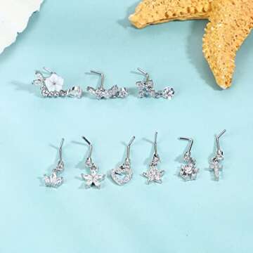 ORAZIO 9 PCS Dangle Nose Rings L Shaped for Women 20G Stainless Steel Nose Rings Studs CZ Cross Crow...