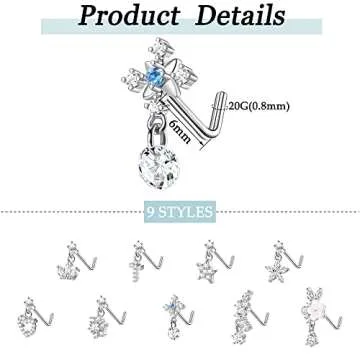 ORAZIO 9 PCS Dangle Nose Rings L Shaped for Women 20G Stainless Steel Nose Rings Studs CZ Cross Crown Flower Heart Dangling Nose Rings Piercing Jewelry