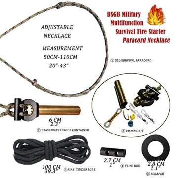 BSGB Fire Starter Paracord Necklace EDC Military Survival Gear Tinder Cord Fire Steel and Striker Ki...