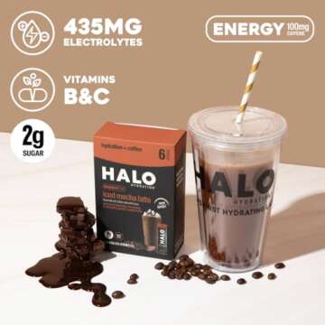 HALO Iced Mocha Latte - Energy Drink Powder – Healthy Coffee Mix for Hydration with Electrolytes, Caffeine, Vitamins and Minerals - 20 Calories - Keto and Low Calorie - 1 x 12 Sticks