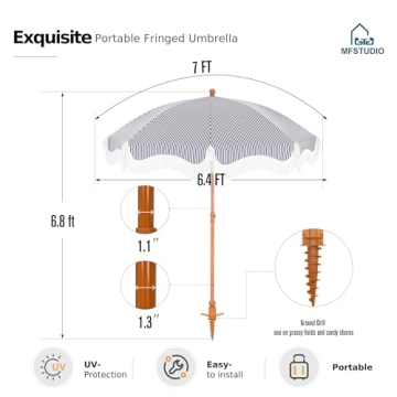 MFSTUDIO 7ft Beach Umbrella with Stylish Fringe Design