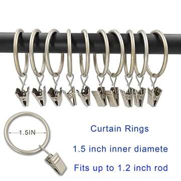 LLPJS 40 Pack Metal Curtain Rings with Clips, Curtain Clip Rings Hooks for Hanging Drapery Drapes Bows, Curtain Rod Rings 1.5 inch Interior Diameter, Matte Silver