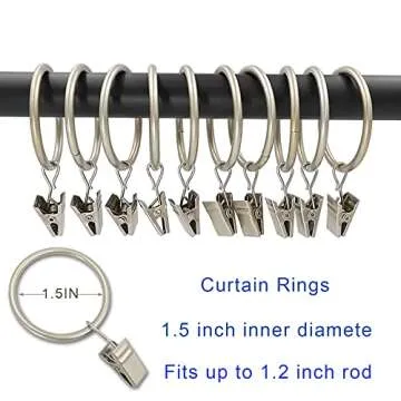 LLPJS 40 Pack Metal Curtain Rings with Clips, Curtain Clip Rings Hooks for Hanging Drapery Drapes Bows, Curtain Rod Rings 1.5 inch Interior Diameter, Matte Silver