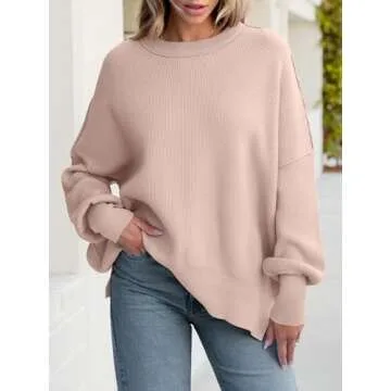 ANRABESS Women Crewneck Batwing Long Sleeve 2024 Fall Oversized Side Slit Ribbed Knit Pullover Sweat...