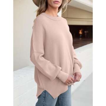 ANRABESS Women Crewneck Batwing Long Sleeve 2024 Fall Oversized Side Slit Ribbed Knit Pullover Sweaters Top Cozy Outfits Khaki Pink Large